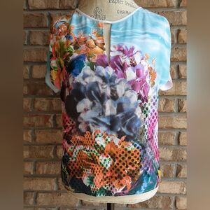 Clover Canyon Floral Print Vibrant Multi-Colored Short Sleeve Blouse.